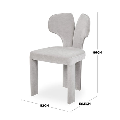 Light gray modern chair on white background with dimension labels