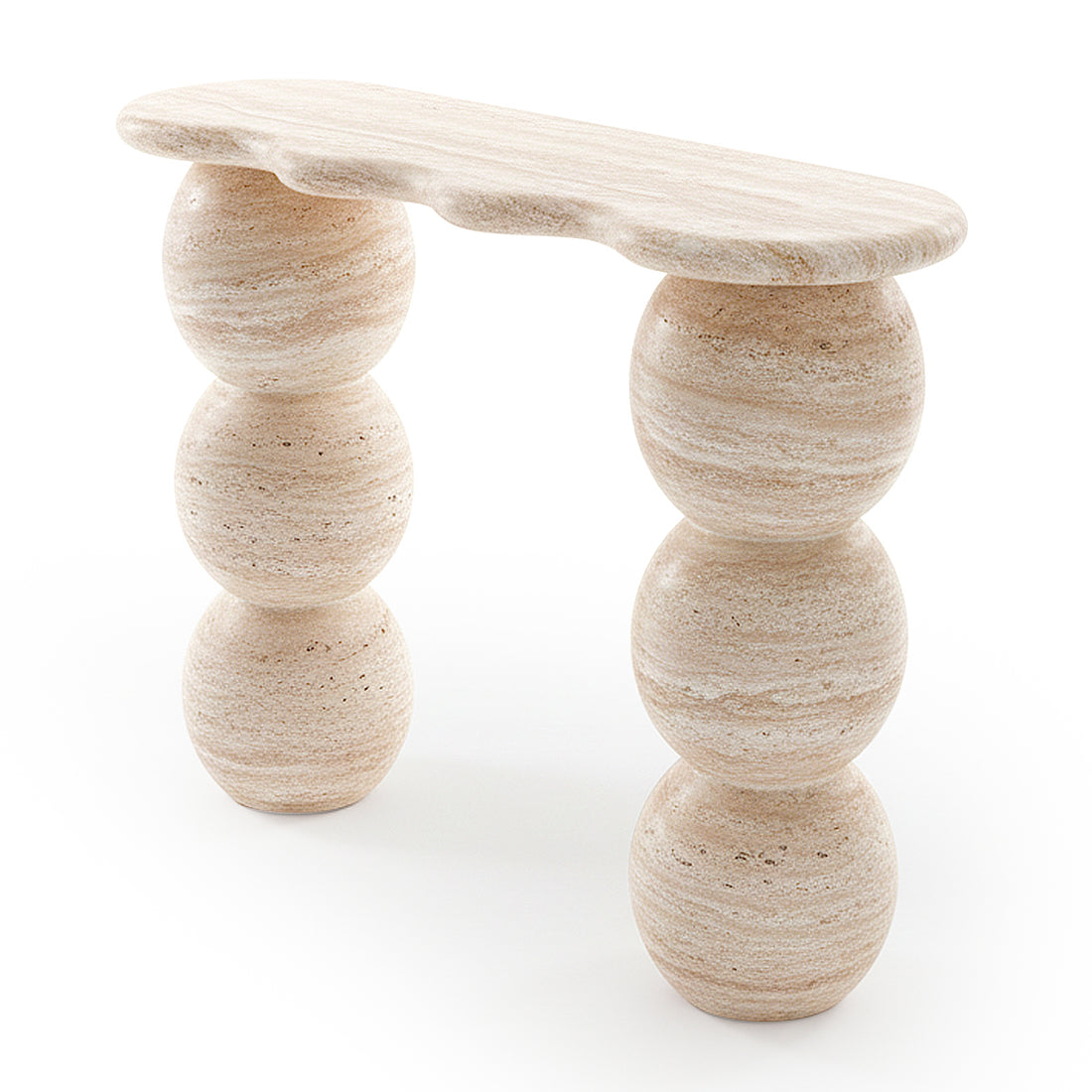 Modern console table with stacked sphere legs on white background