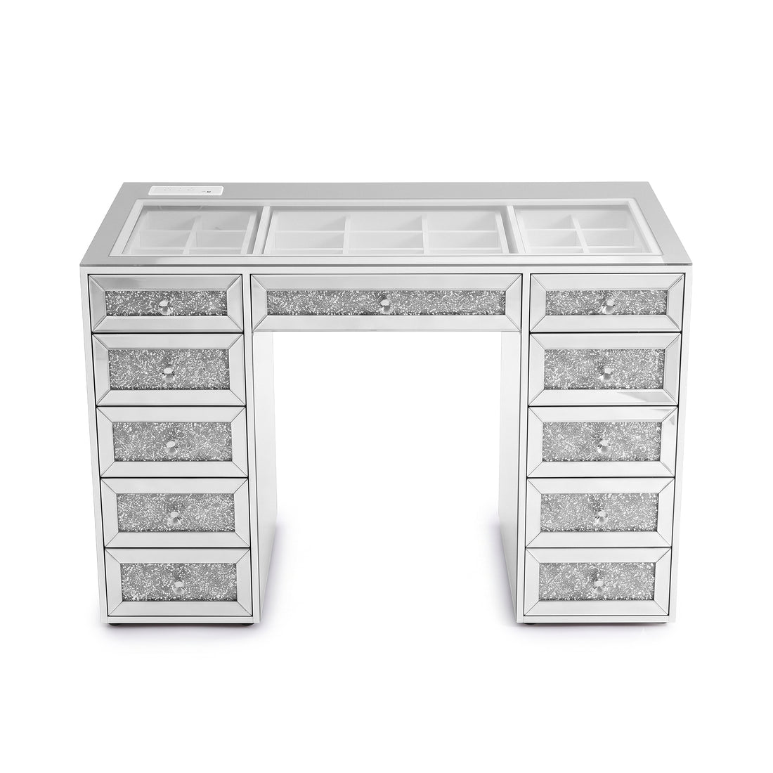 Head-on view of a mirrored vanity desk with eleven drawers on white background