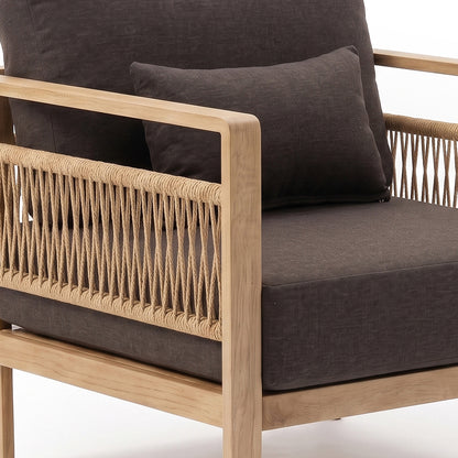 Close-up partial view of a modern armchair with wood and rope detailing