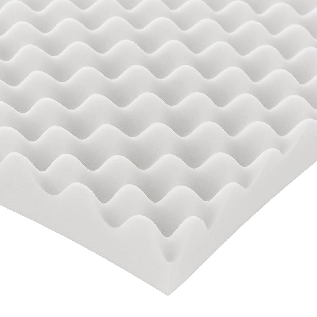White egg crate foam pad corner with wavy contoured surface on a white background