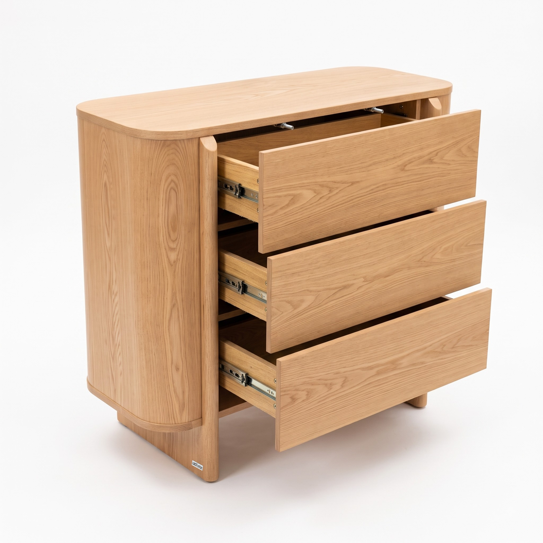 Wooden dresser with open drawers on a white background