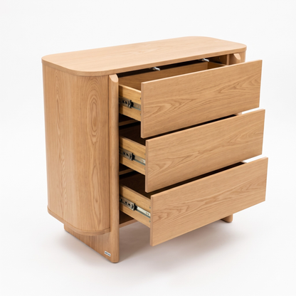 Wooden dresser with open drawers on a white background