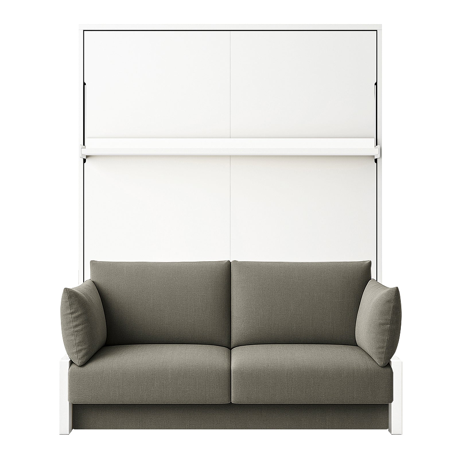 Luxo Byron Sofa Foldout Queen Wall Bed White & Grey features a compact design with a muted gray-green two-seat sofa beneath a sleek white wall cabinet housing a pull-down queen bed.
