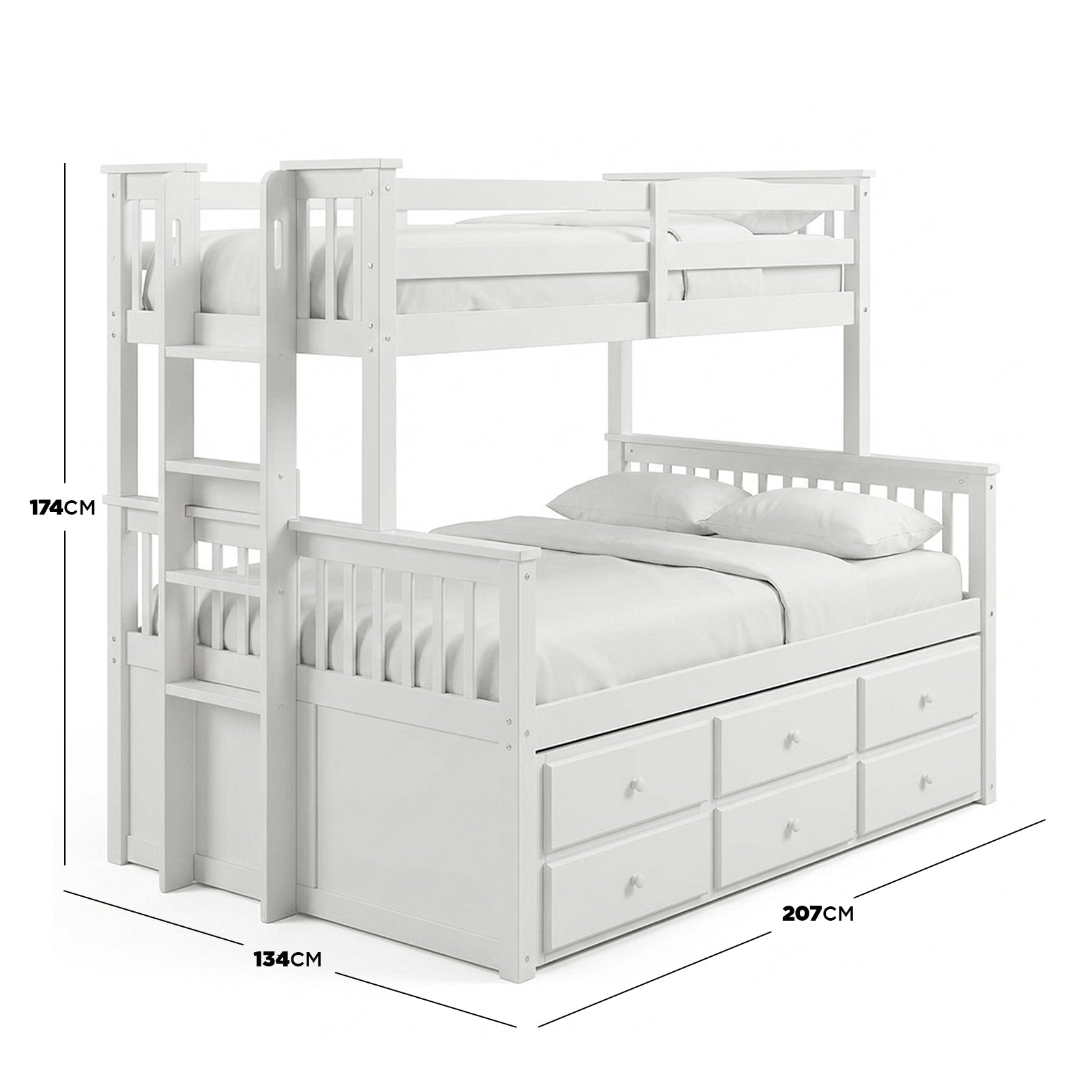 White bunk bed with six storage drawers and dimension lines
