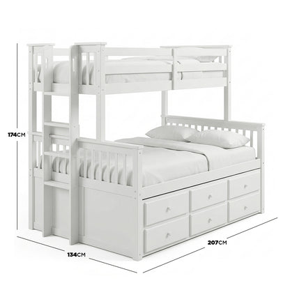 White bunk bed with six storage drawers and dimension lines