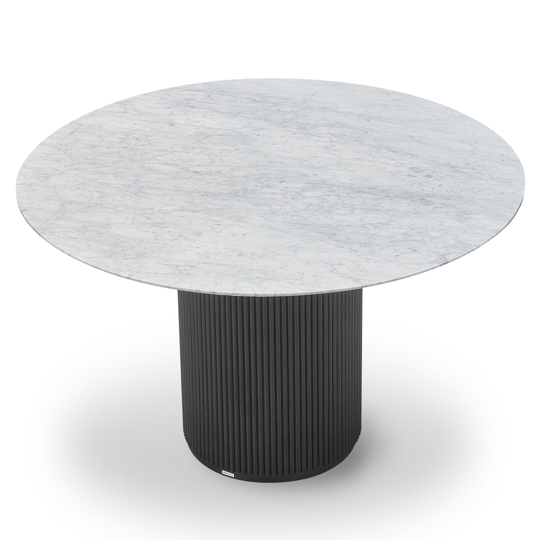 Gracie 120cm Round Marble Dining Table in Black features a sleek, round marble top with unique veining on a vertically fluted, cylindrical black base, embodying modern elegance and stability.