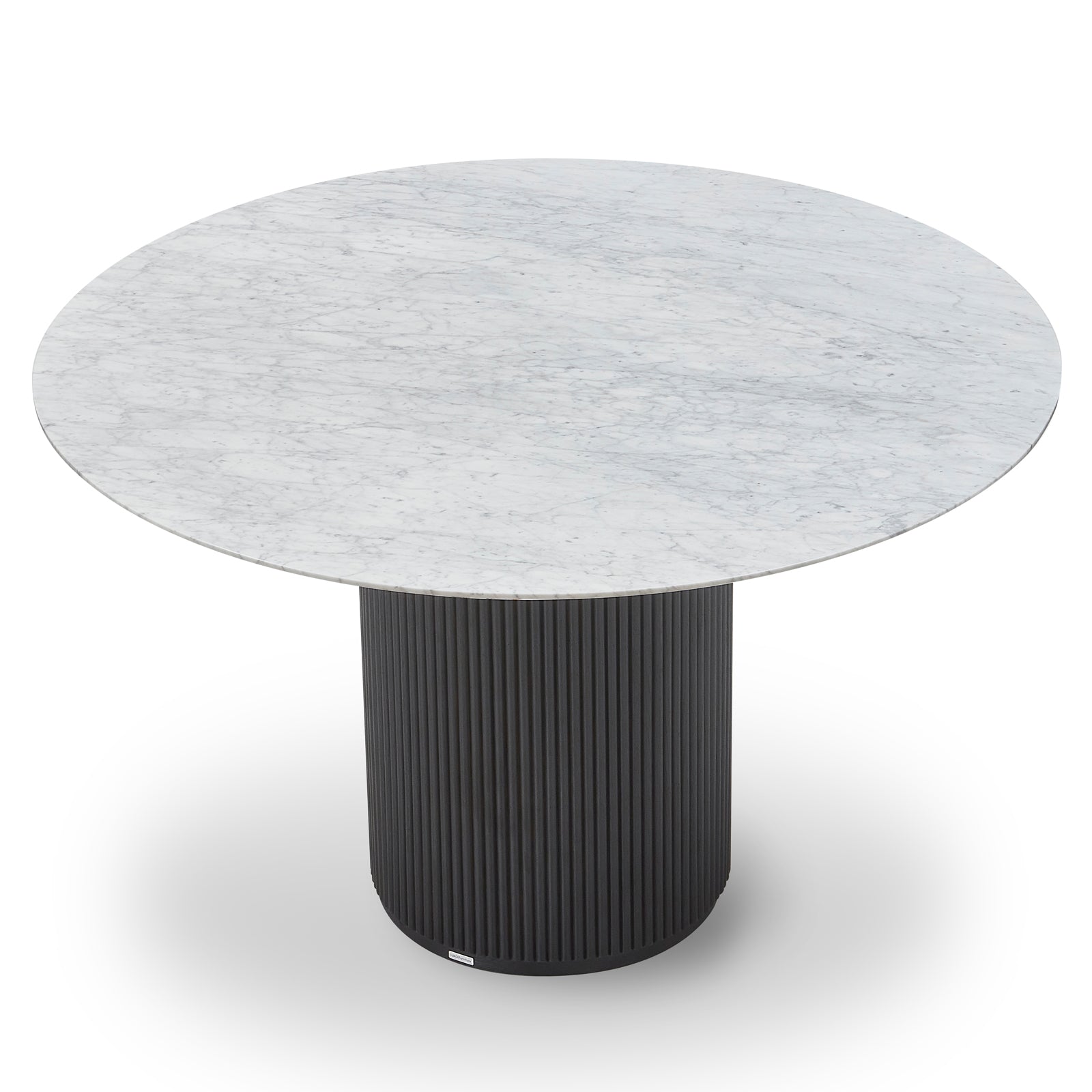 Gracie 120cm Round Marble Dining Table in Black features a sleek, round marble top with unique veining on a vertically fluted, cylindrical black base, embodying modern elegance and stability.