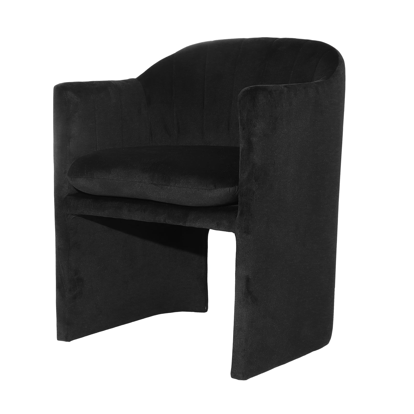 Liora Velvet Curved Accent Armchair in Black with a curved backrest, integrated armrests, and skirted base, offering a sleek, modern look with plush velvet and sculptural lines for stylish comfort.