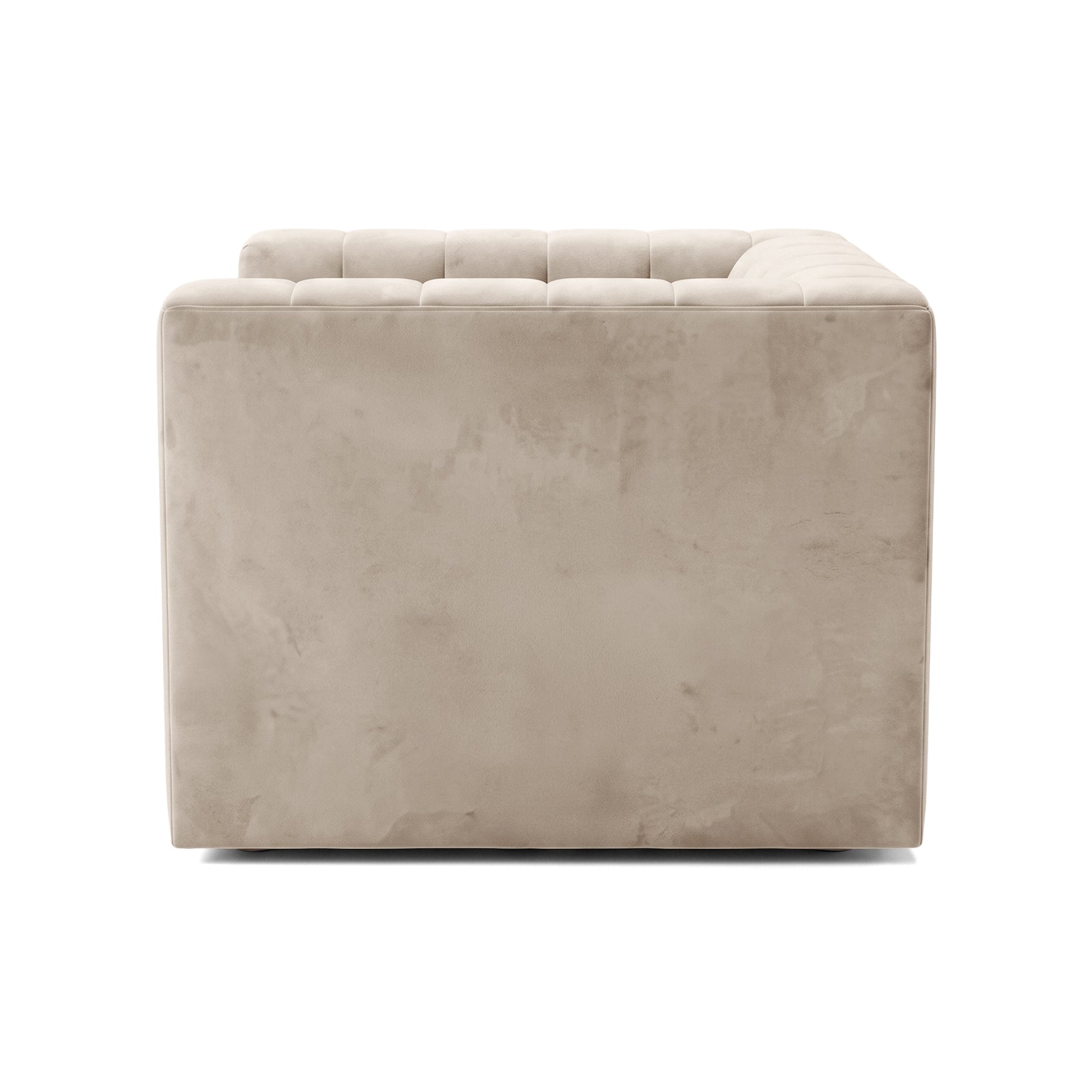 Side view of a beige upholstered sofa on a white background