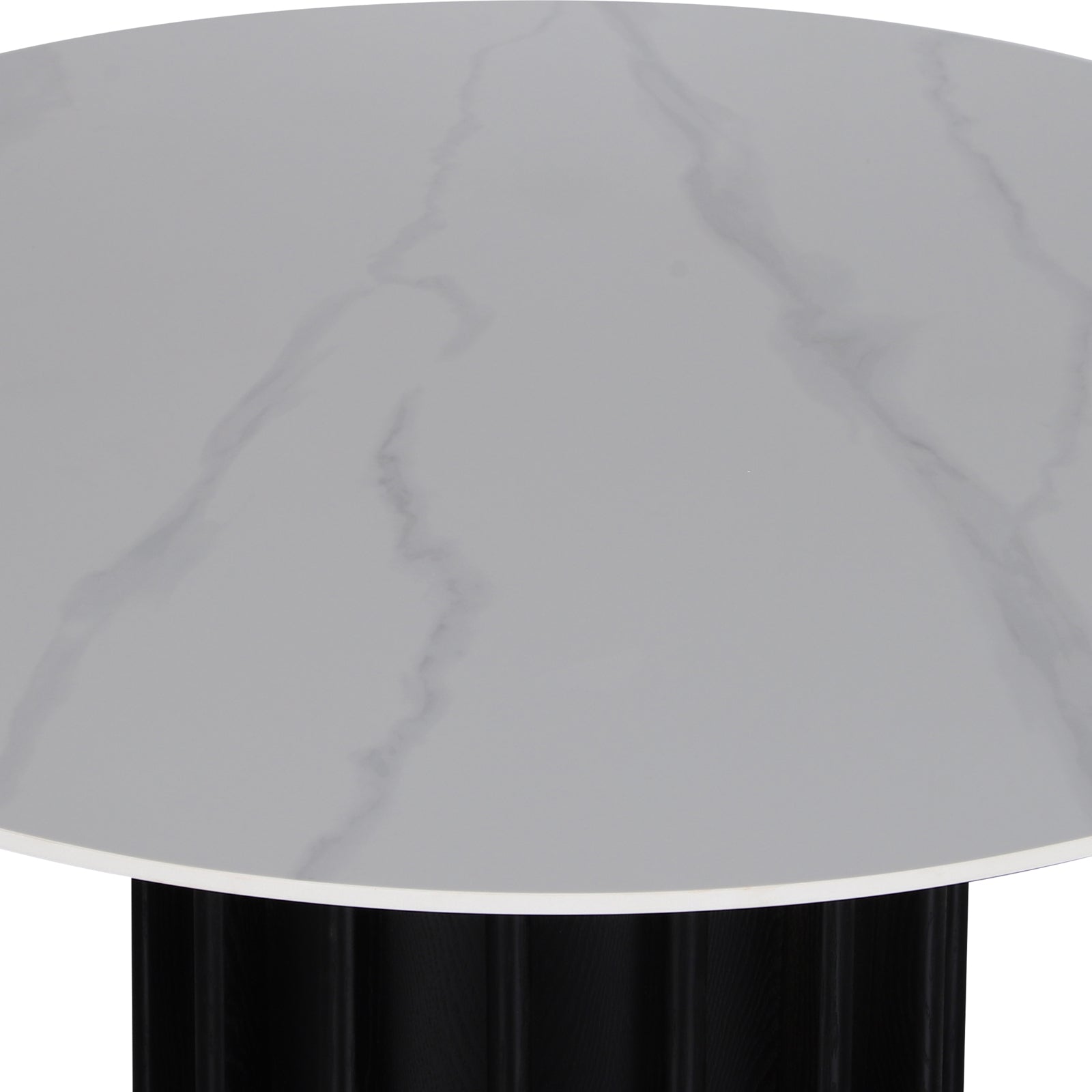 Gabi 120cm Marble Look Dining Table in Black features a white marble-patterned top with subtle grey veining, resting on a vertically fluted black base, offering a modern, compact dining solution.