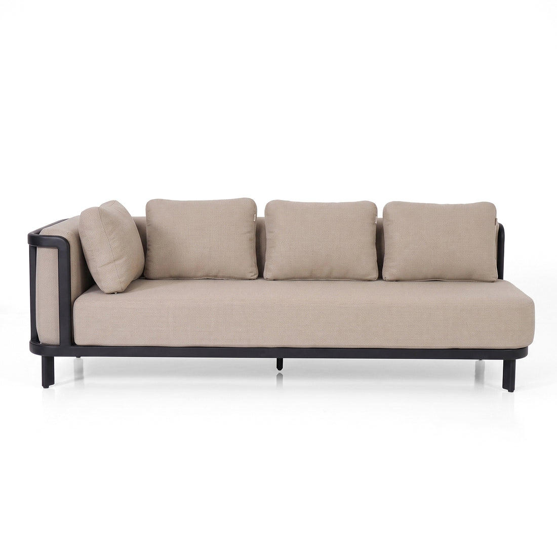 Modern beige sofa with cushions on white background.