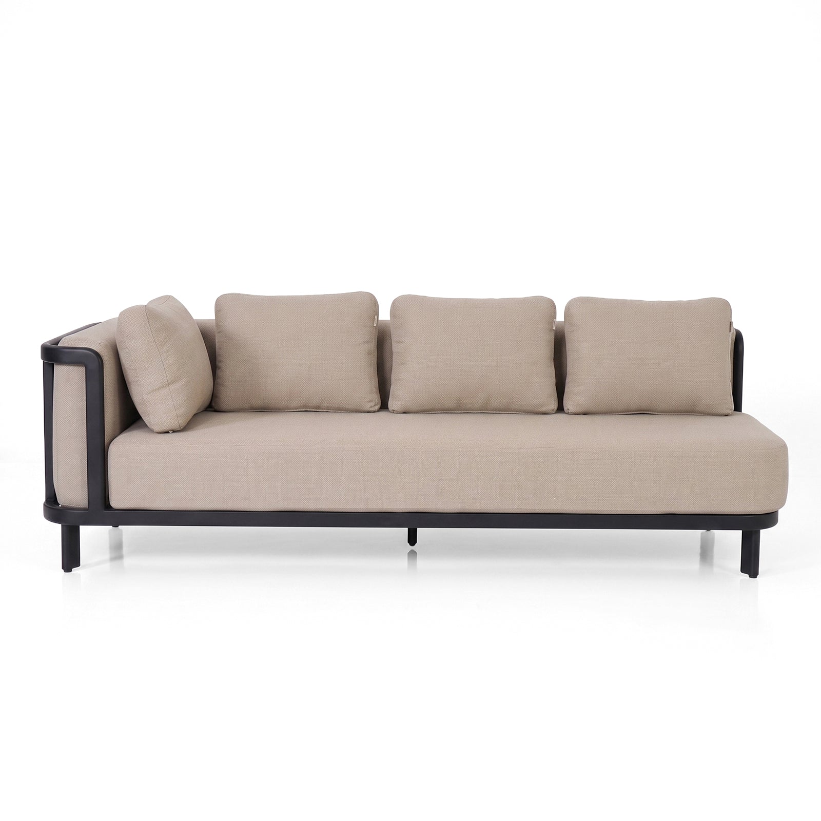 Modern beige sofa with cushions on white background.