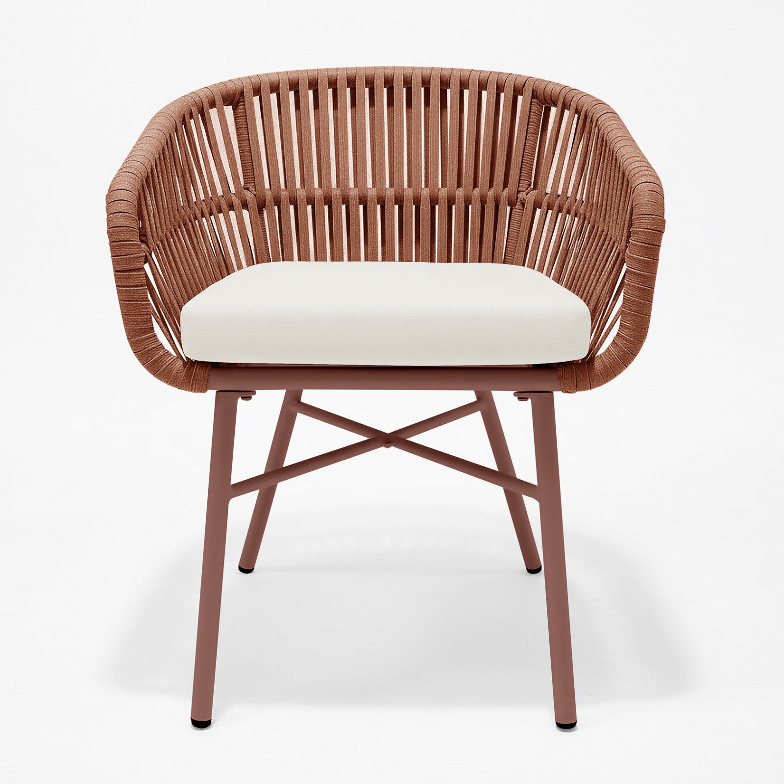 Marula Rope Outdoor Dining Chairs in Terracotta Set of 4, featuring a low rounded back and sides in wrapped rope, off-white seat cushion, slender metal base with X-bracing, ideal for alfresco dining.