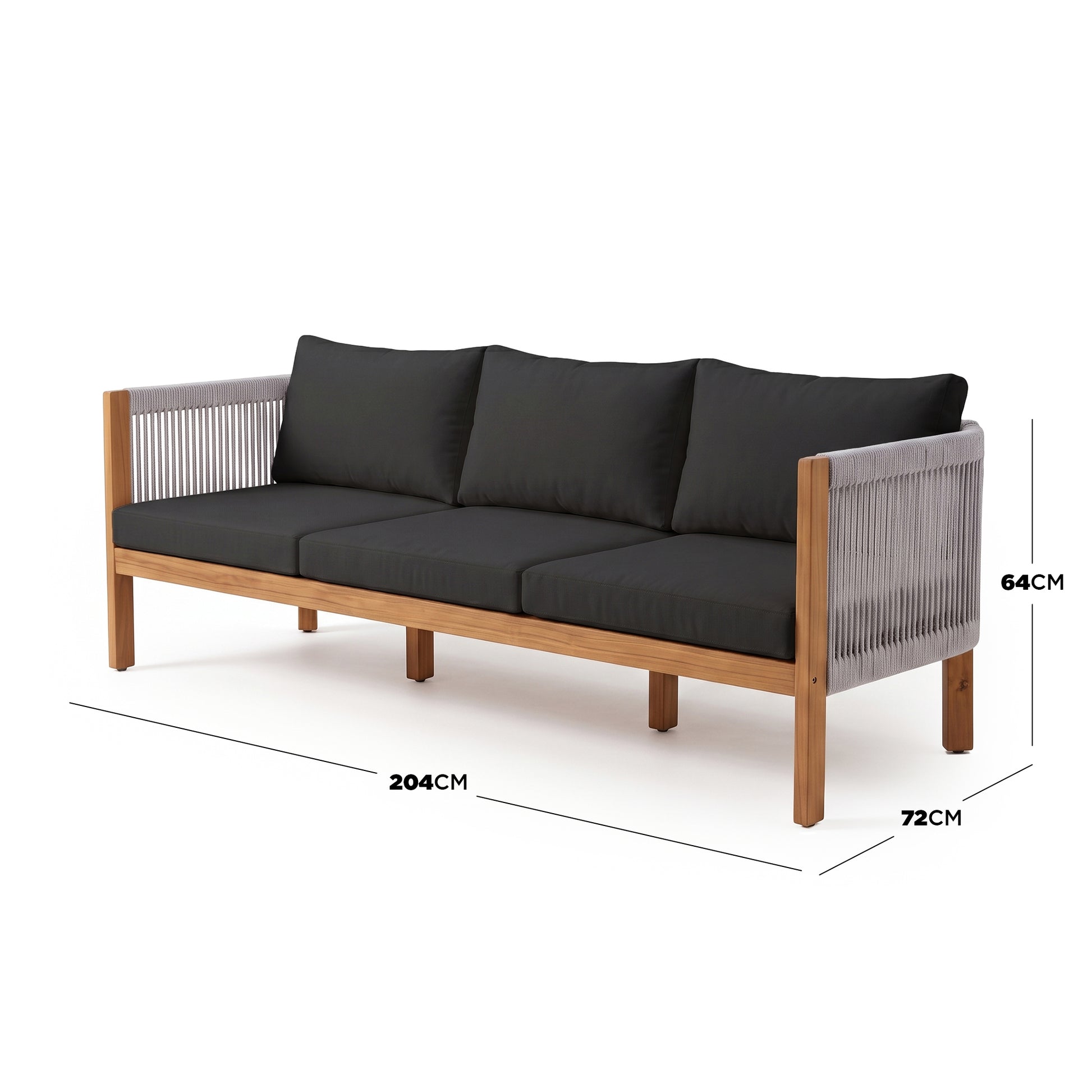 Three-seater sofa on a white background with dimensions labeled