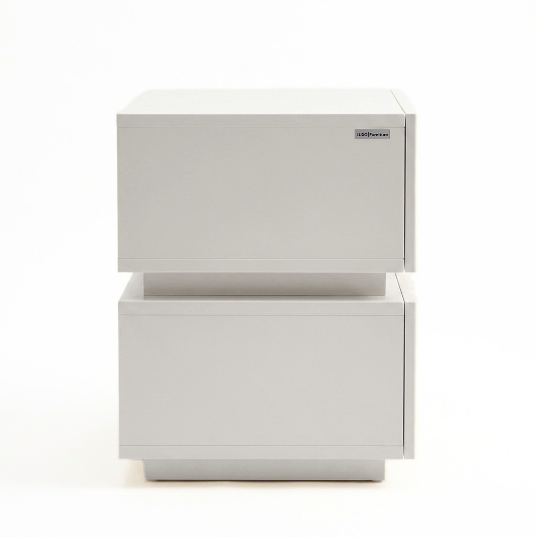 Modern white two-drawer storage unit shown in full on a white background.