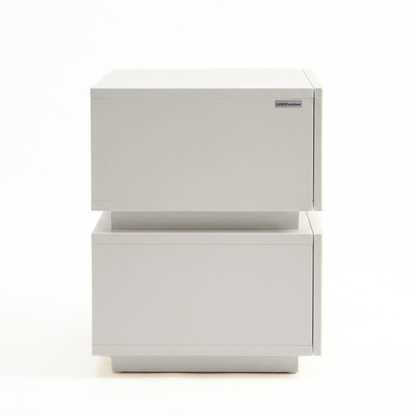 Modern white two-drawer storage unit shown in full on a white background.