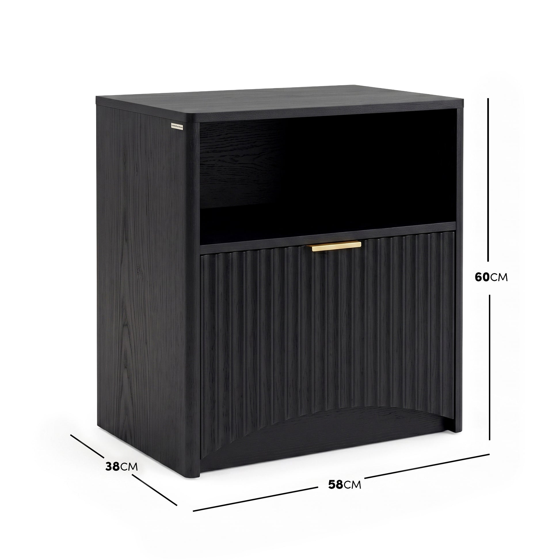 Black nightstand with dimension lines showing height, width, and depth on a white background