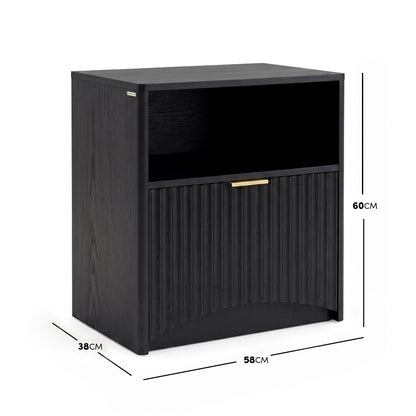 Black nightstand with dimension lines showing height, width, and depth on a white background