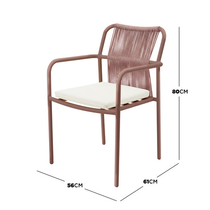 The Evone 4 Seater Stone Outdoor Dining Table Set features a modern armchair with a slim metal frame, woven-rope backrest, and removable cushion, perfect for stylish compact outdoor dining.