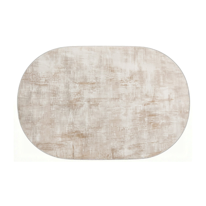 Oval beige textured rug shown in full on a white background
