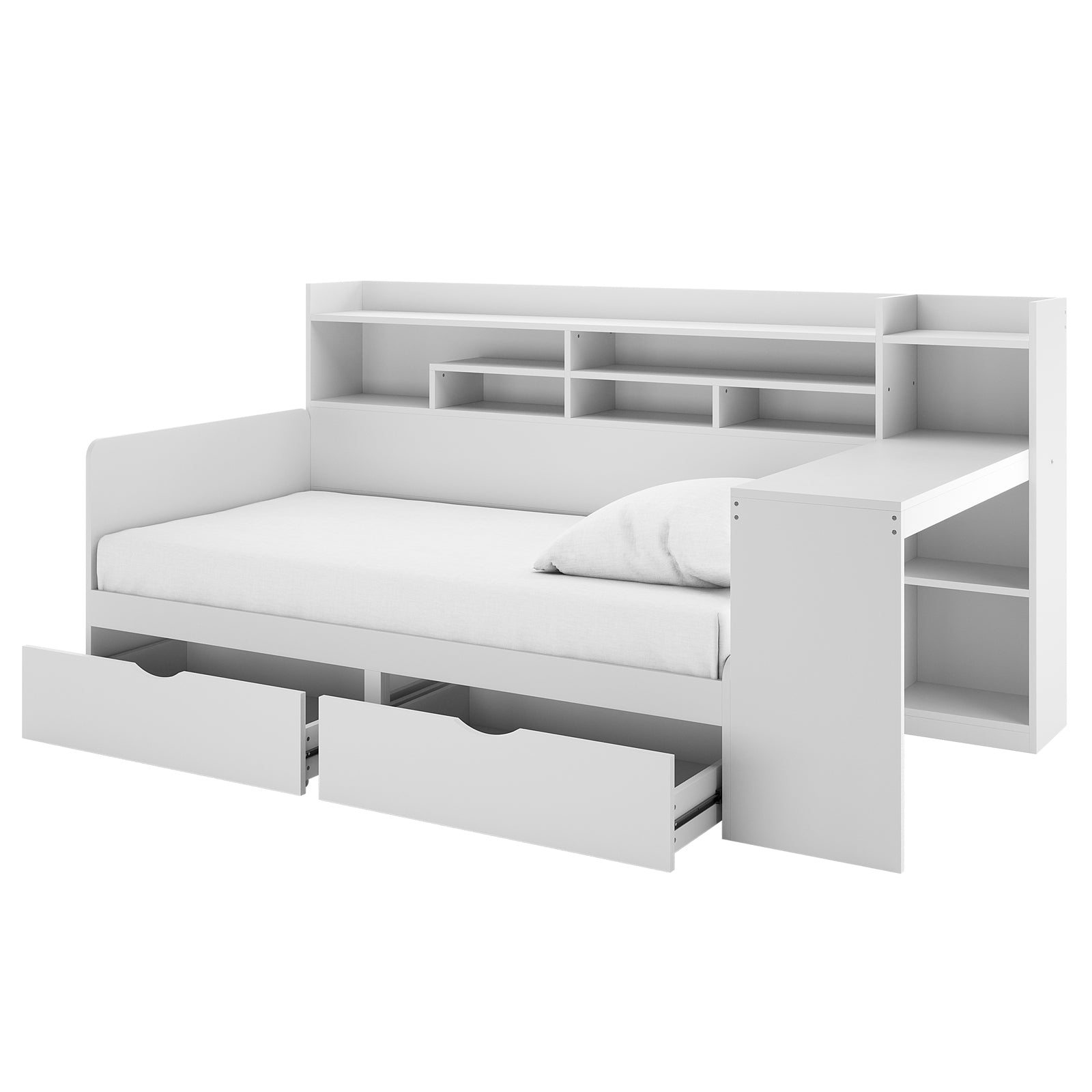 Hally Storage Single Bed with Desk and Drawers features a modular white bed with integrated storage, pull-out drawers, open shelves, and an L-shaped desk, offering a compact, multifunctional bedroom solution.