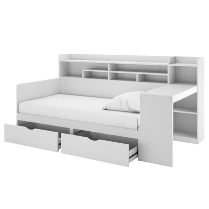 Hally Storage Single Bed with Desk and Drawers features a modular white bed with integrated storage, pull-out drawers, open shelves, and an L-shaped desk, offering a compact, multifunctional bedroom solution.