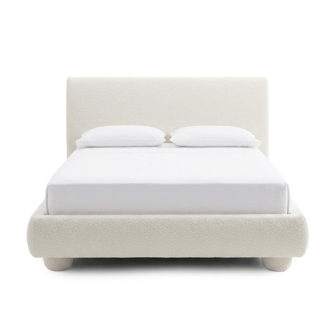 Front view of an upholstered bed on a white background