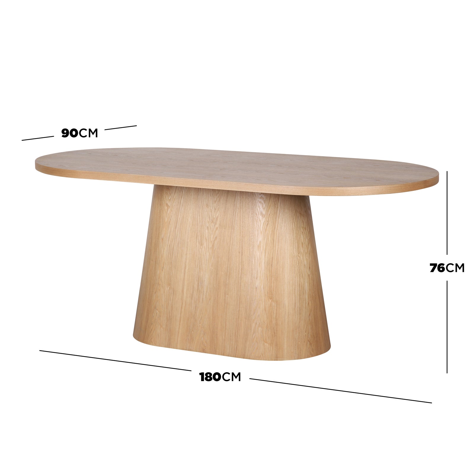 Gigi 180cm Oval Wooden Dining Table in Oak features an oval tabletop with a tapered cylindrical pedestal base, highlighting smooth, inviting curves for a spacious dining experience.