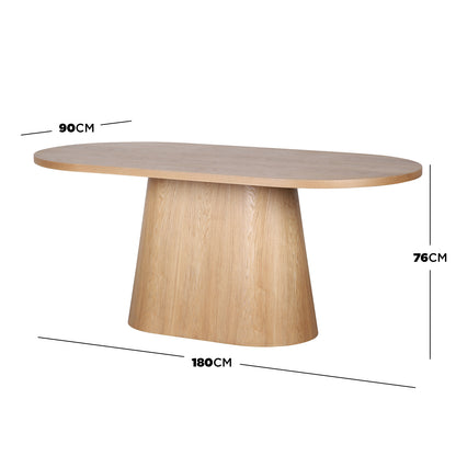 Gigi 180cm Oval Wooden Dining Table in Oak features an oval tabletop with a tapered cylindrical pedestal base, highlighting smooth, inviting curves for a spacious dining experience.