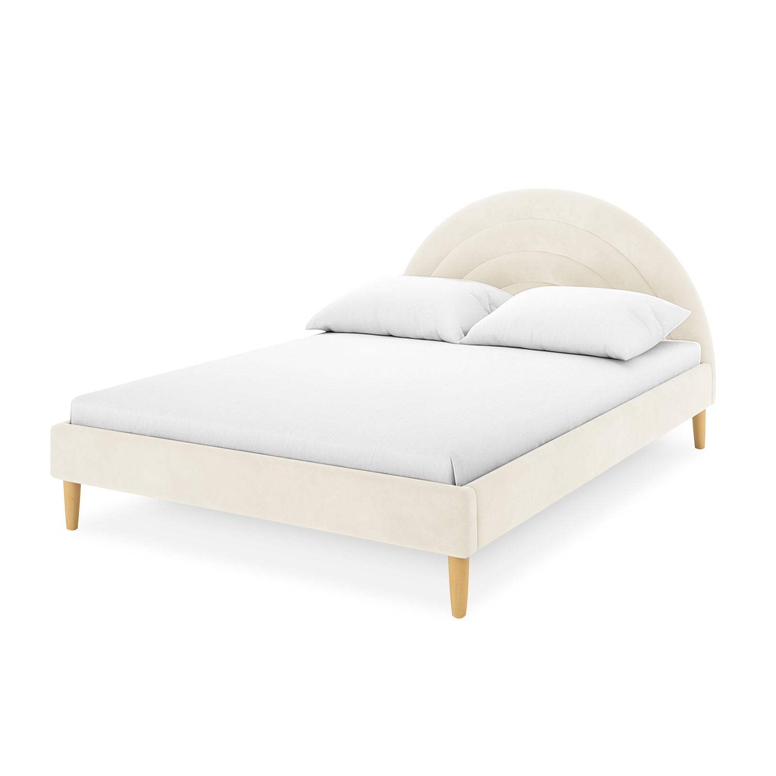 Estilla Velvet Rainbow Bed in Beige features a gently arched headboard with concentric details, cream fabric, thin mattress with two white pillows, and light-wood tapered legs, embodying modern simplicity.