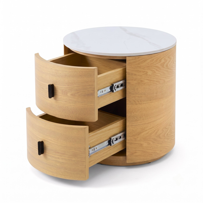 Round light oak nightstand with open drawers on a white background