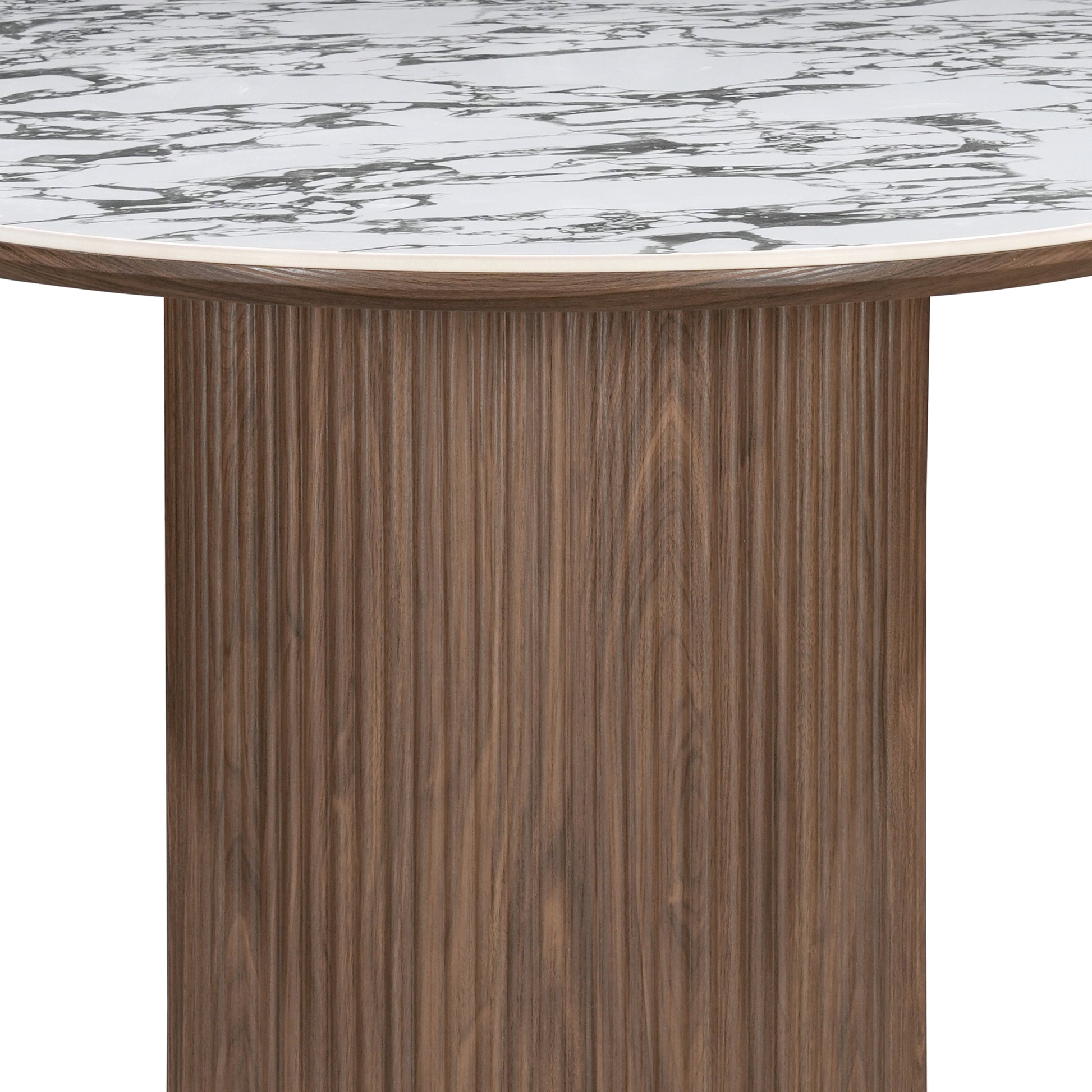 Close view of a round table base with marble-look top on white background