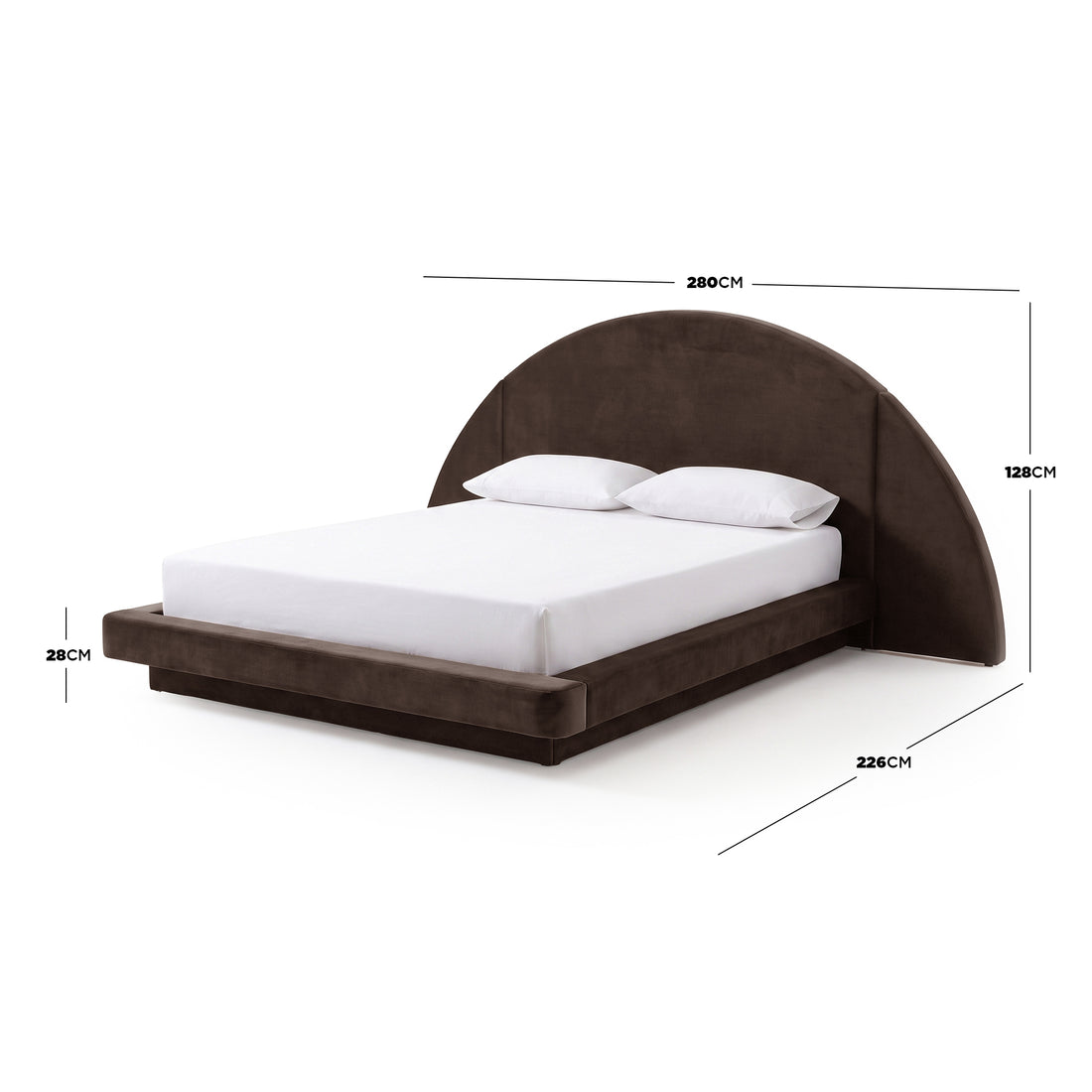 Modern bed on white background with dimension labels showing headboard and bed measurements