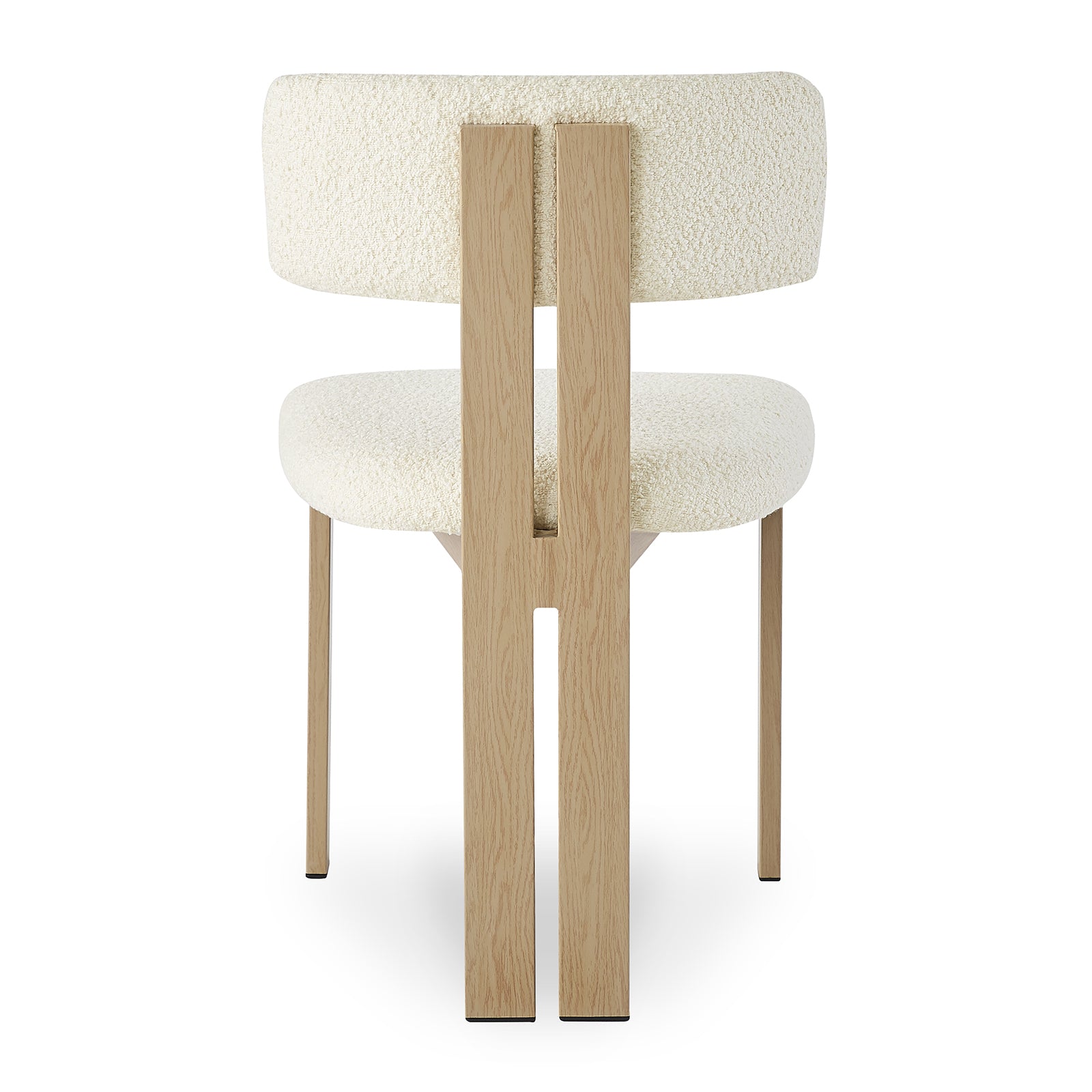 Haleo Curved Boucle Dining Chair Set of 2 in Cream White features a gently curved, padded backrest and seat in bouclé fabric, supported by a light-oak wood frame with straight legs.