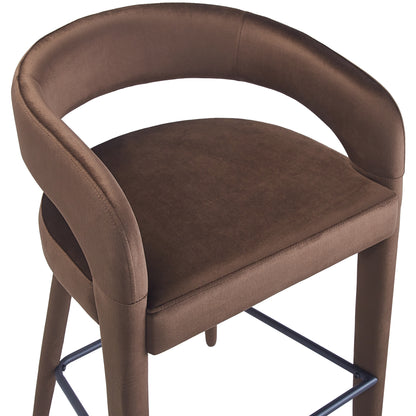 Brown upholstered bar stool on white background, slightly cropped legs