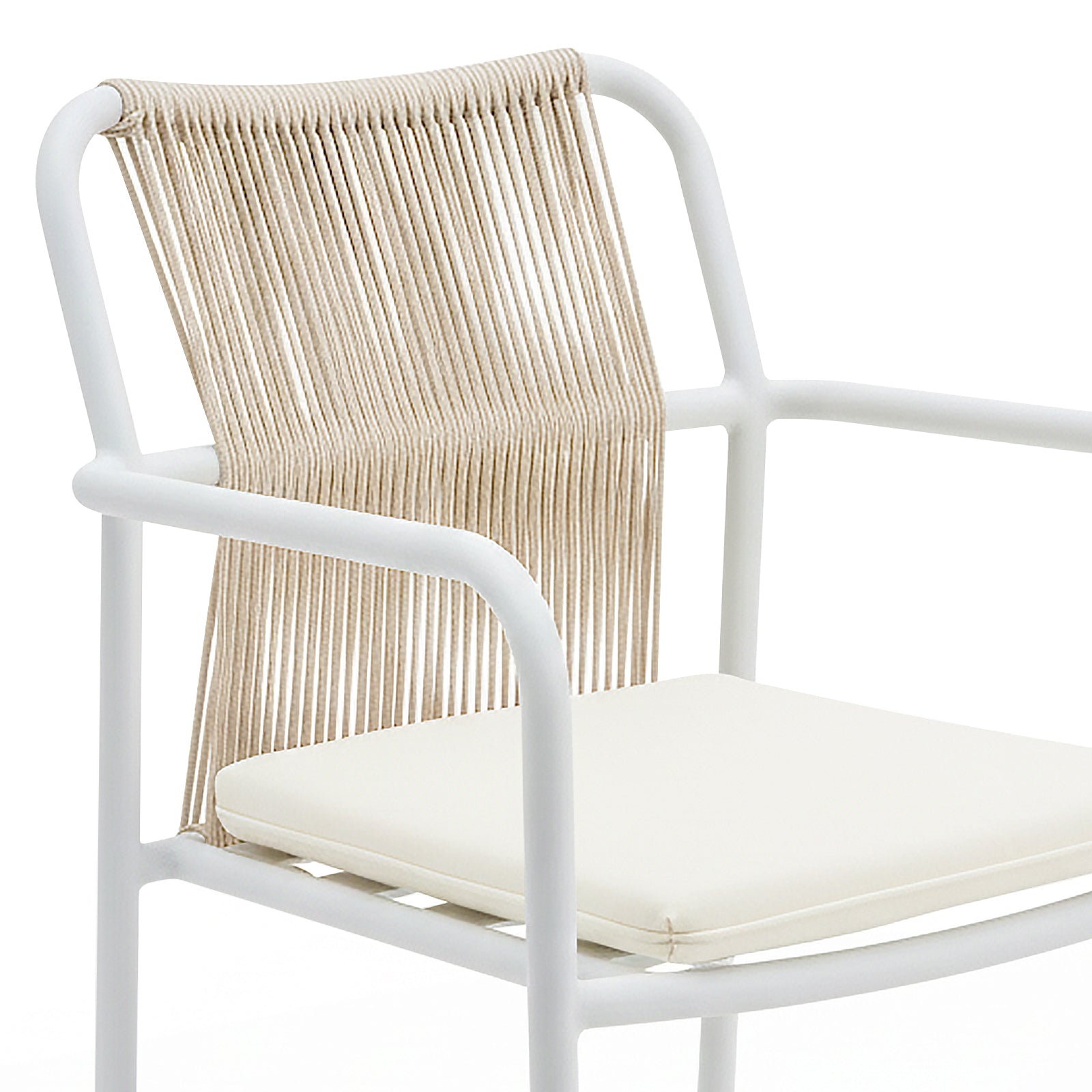 Evone 4 Seater Stone Outdoor Dining Table Set in Natural features a sleek stone tabletop and sturdy aluminum frame, complemented by four modern armchairs with natural-fiber cord backrests and white seat cushions.