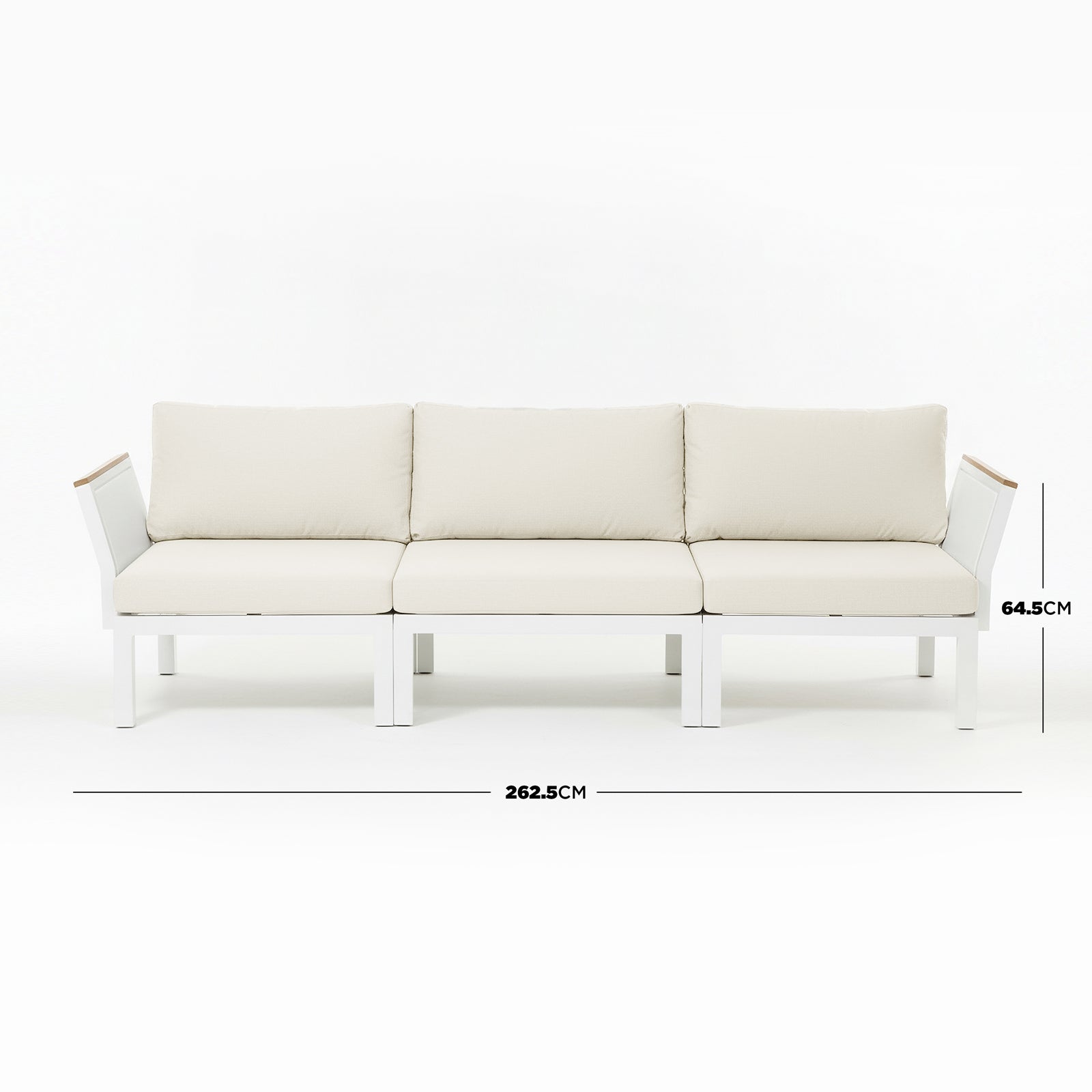 Sierra Outdoor Lounge Set in Beige: Three-seat modular sofa with white metal frame, ivory cushions, dimension lines showing 262.5 cm width and 64.5 cm backrest height, ideal for outdoor comfort.