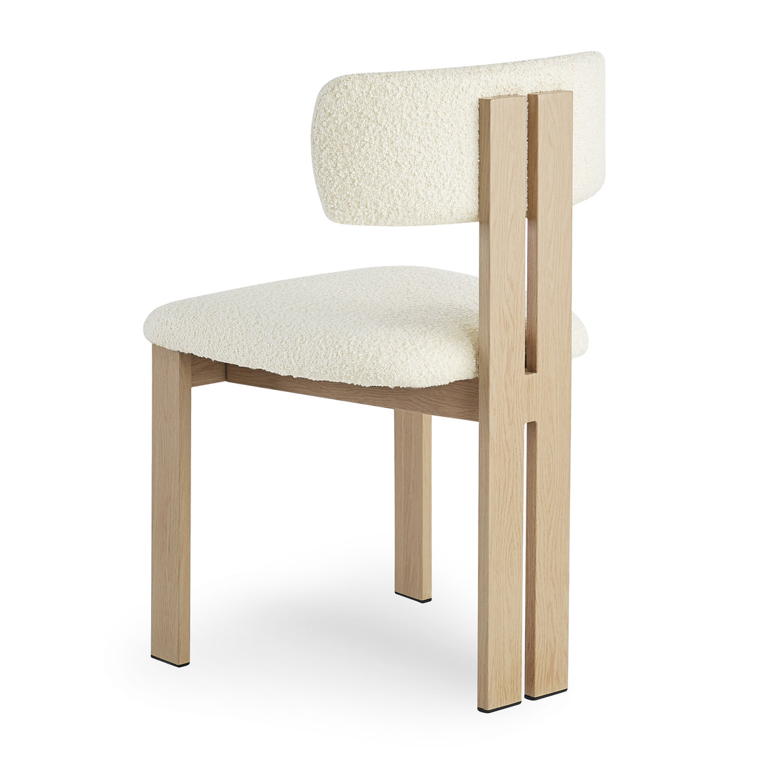 Haleo Curved Boucle Dining Chair Set of 2 in Cream White features a light oak frame, off-white bouclé upholstery, gently curved seat, low rounded backrest, and four straight wooden legs.