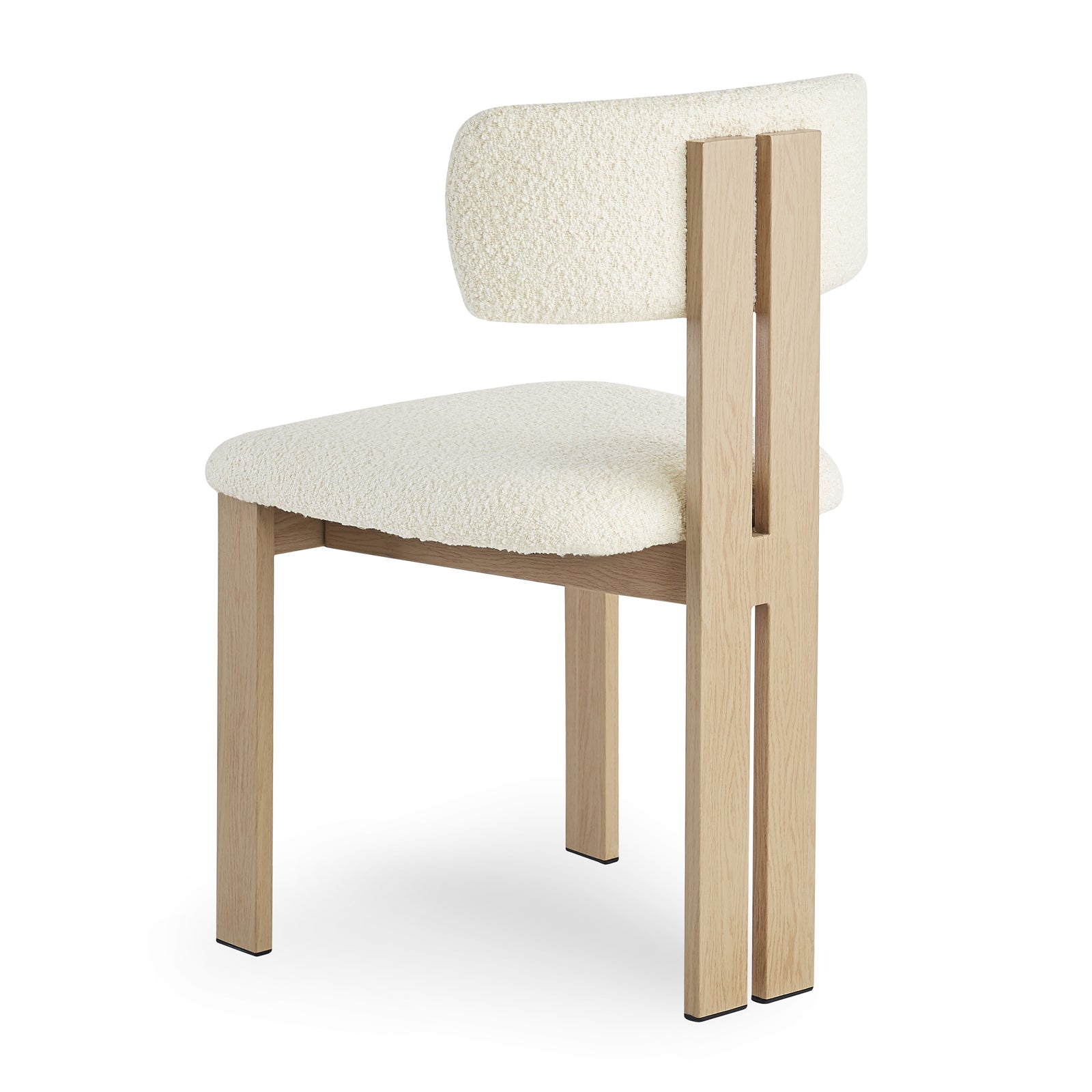 Haleo Curved Boucle Dining Chair Set of 2 in Cream White features a light oak frame, off-white bouclé upholstery, gently curved seat, low rounded backrest, and four straight wooden legs.