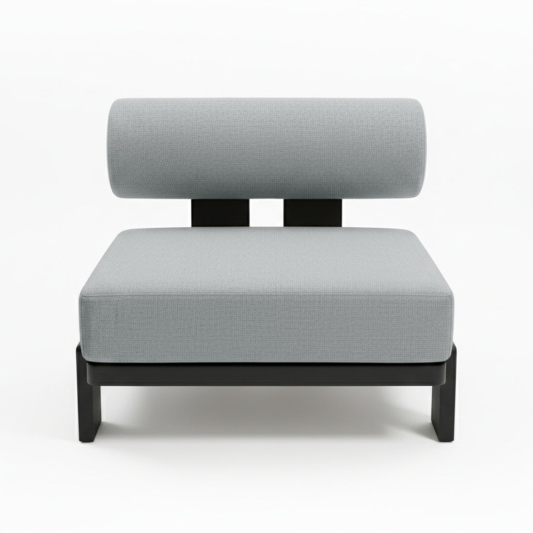 Modica 5 Seater Aluminium Outdoor Sofa Set in Black & Grey features a minimalist armless lounge chair with light gray cushions and a low black frame, perfect for modular or standalone use.