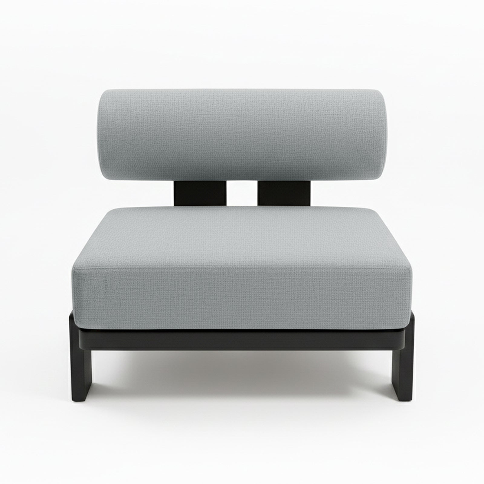 Modica 5 Seater Aluminium Outdoor Sofa Set in Black & Grey features a minimalist armless lounge chair with light gray cushions and a low black frame, perfect for modular or standalone use.