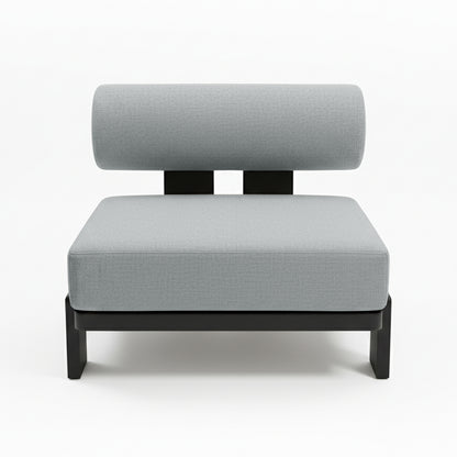 Modica 5 Seater Aluminium Outdoor Sofa Set in Black & Grey features a minimalist armless lounge chair with light gray cushions and a low black frame, perfect for modular or standalone use.