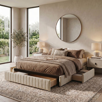 Bed in styled bedroom interior with storage drawers and decorative elements