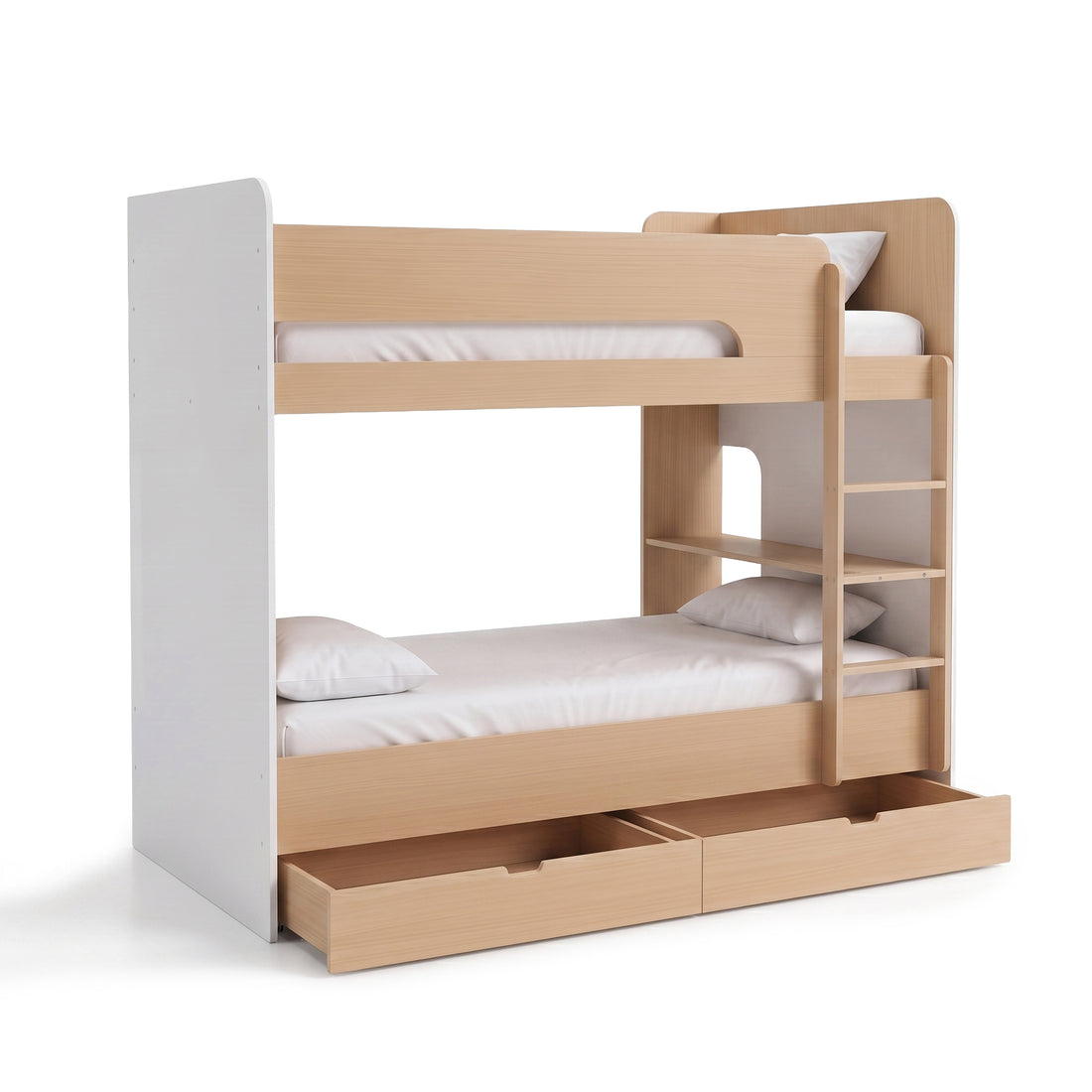 Contemporary wooden bunk bed with shelving and storage drawers on a white background