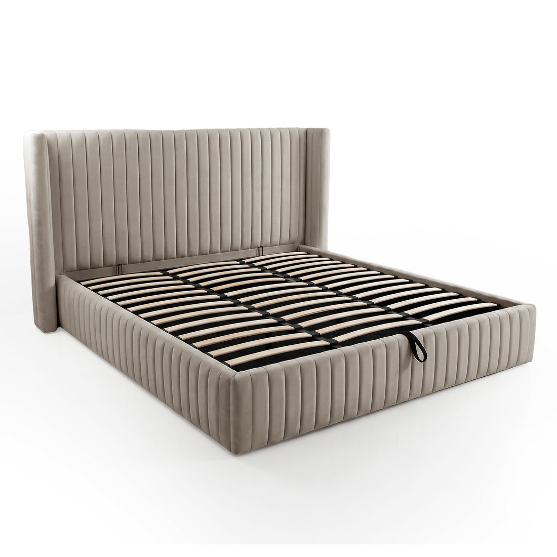 Complete taupe upholstered bed frame with exposed wooden slats