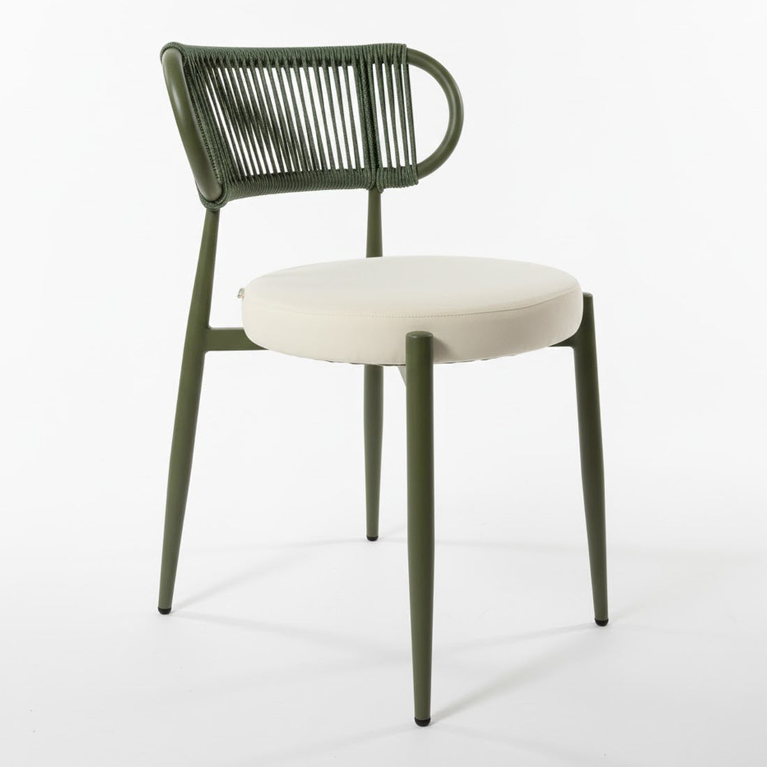 Cabria 7 Piece Sintered Stone Outdoor Dining Set features olive-green metal-framed chairs with off-white cushions and woven green backrests, complementing a durable stone table for stylish alfresco dining.