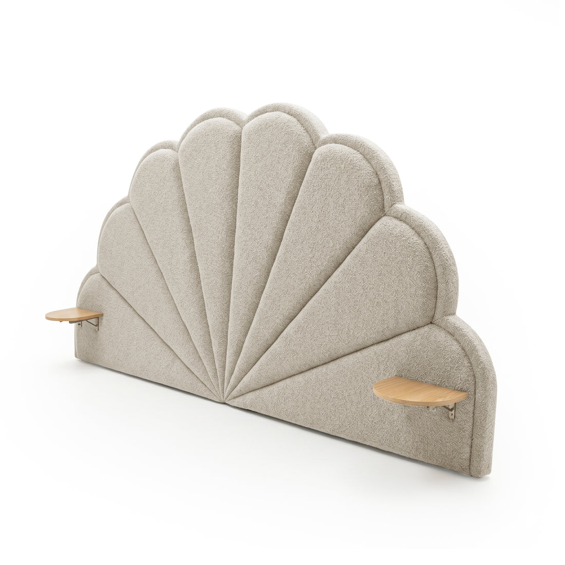 Complete scalloped upholstered headboard with side wooden shelves on white background