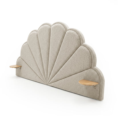 Complete scalloped upholstered headboard with side wooden shelves on white background