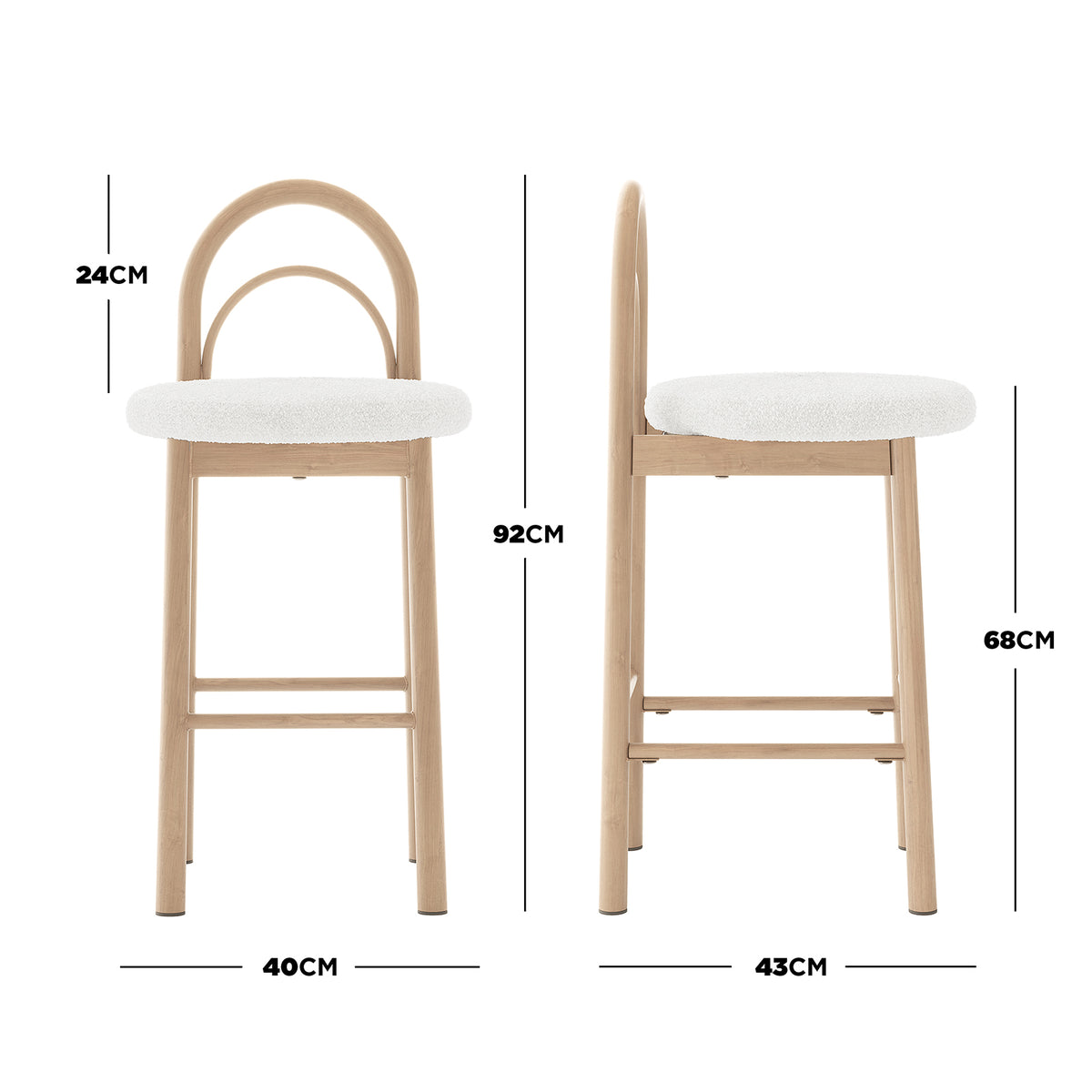 Bar stool shown with front and side views and dimension measurements in centimeters